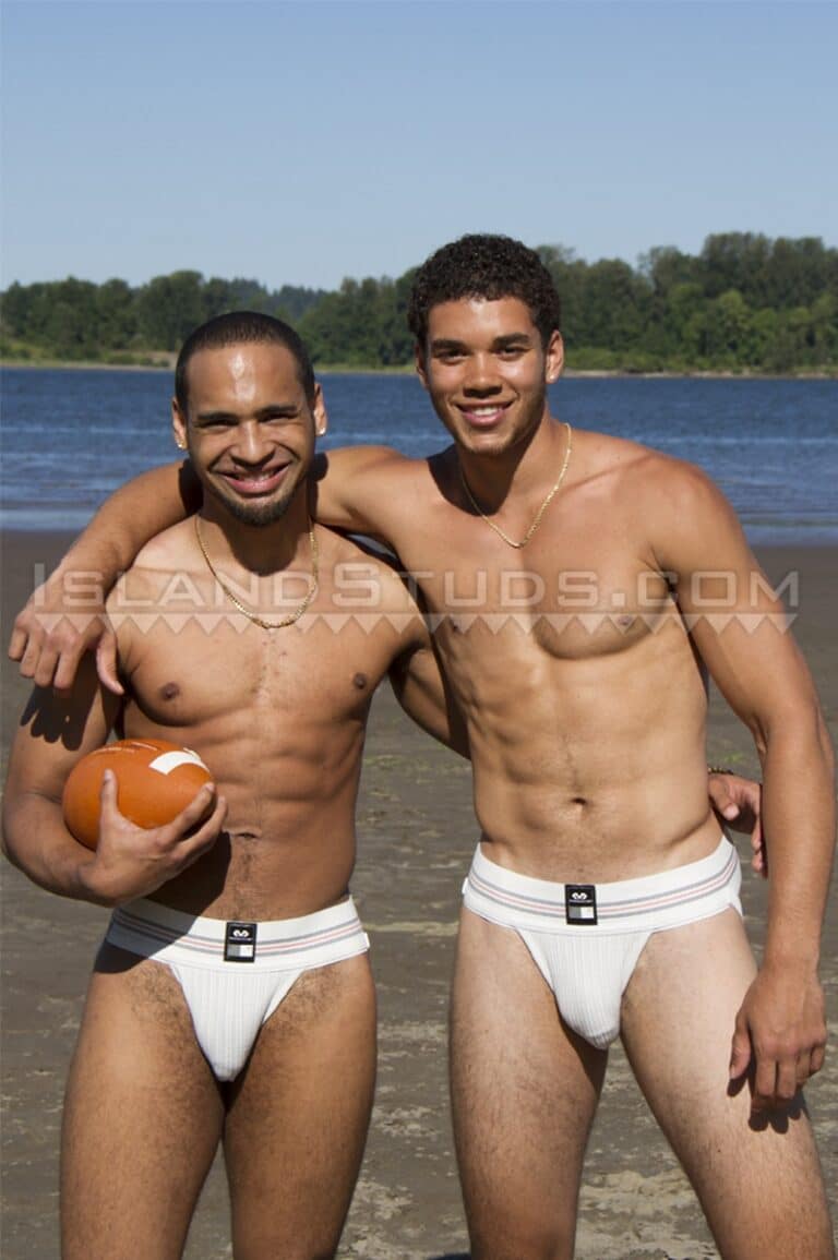African American college jocks Terrance and Tremaine in their sexy white jockstraps